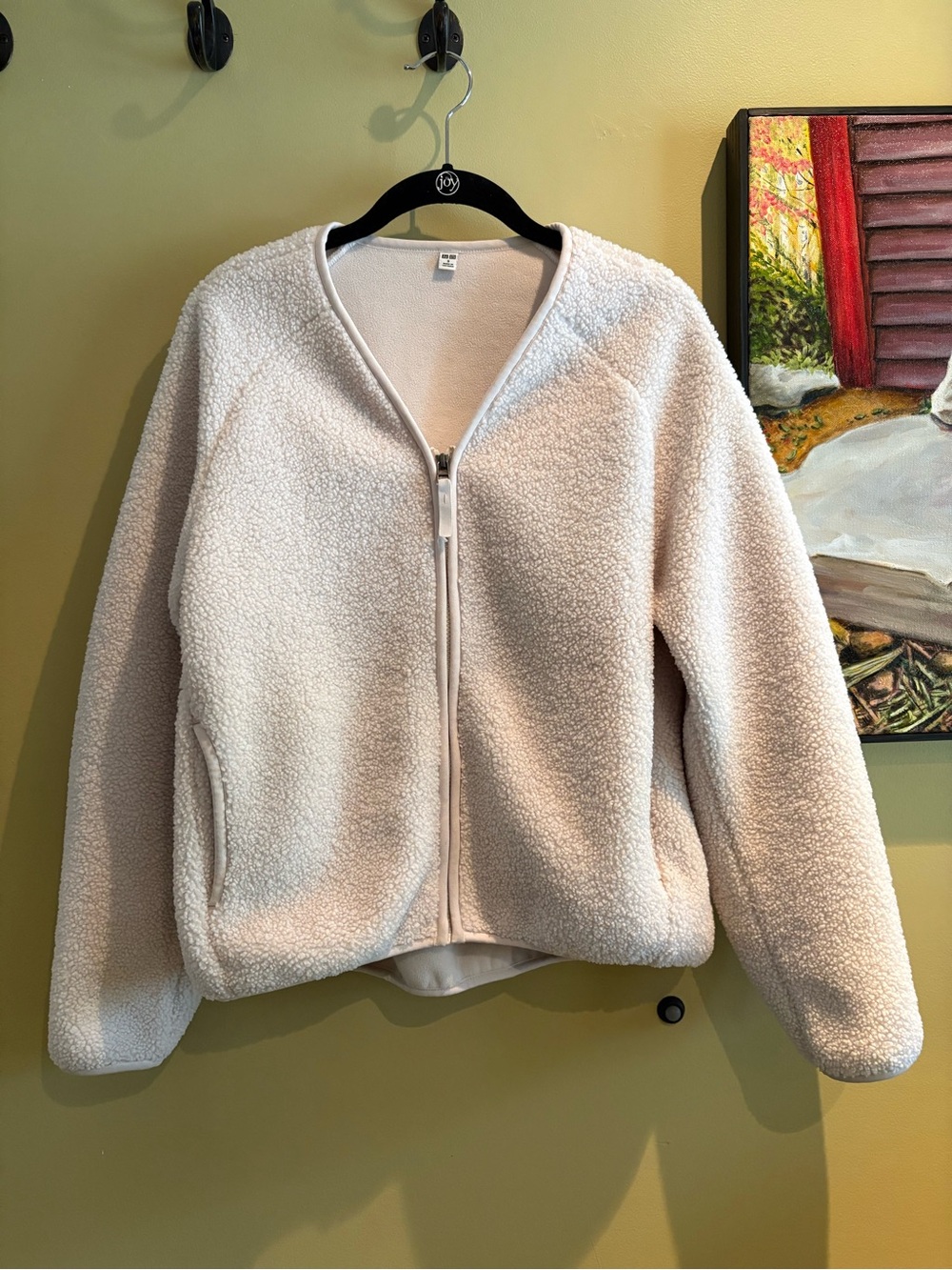 UNI CLO S creamy white Sherpa fleece boxy cozy zip coat, S